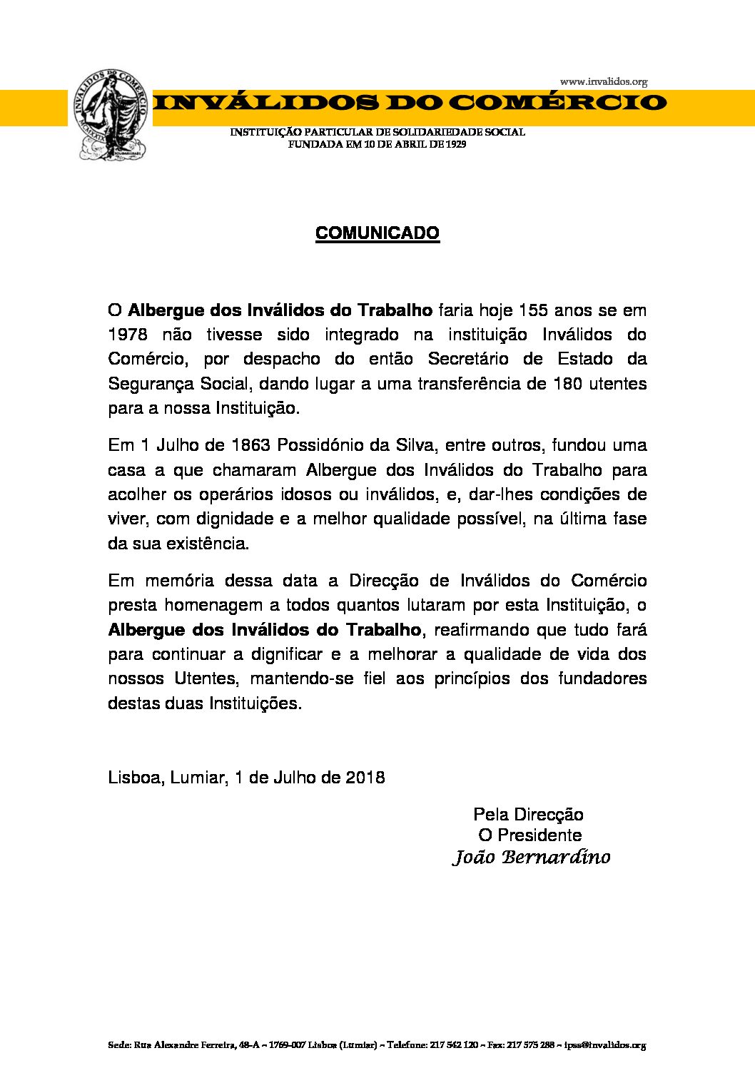 Comunicado Albergue dos Invalidos do Trabalho - Inválidos do Comércio, IPSS