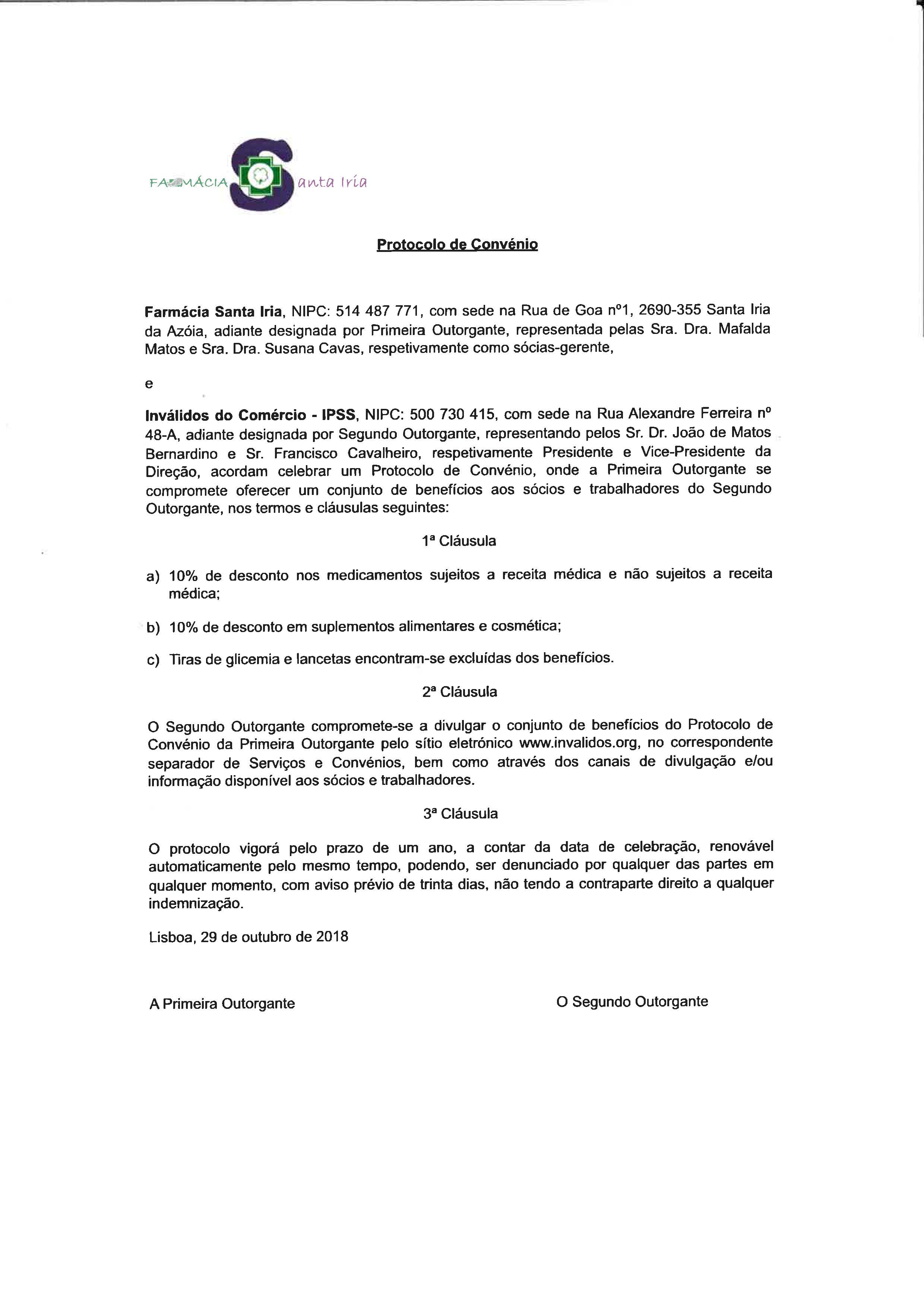 Protocolo de Convénio – Farmácia Santa Iria.